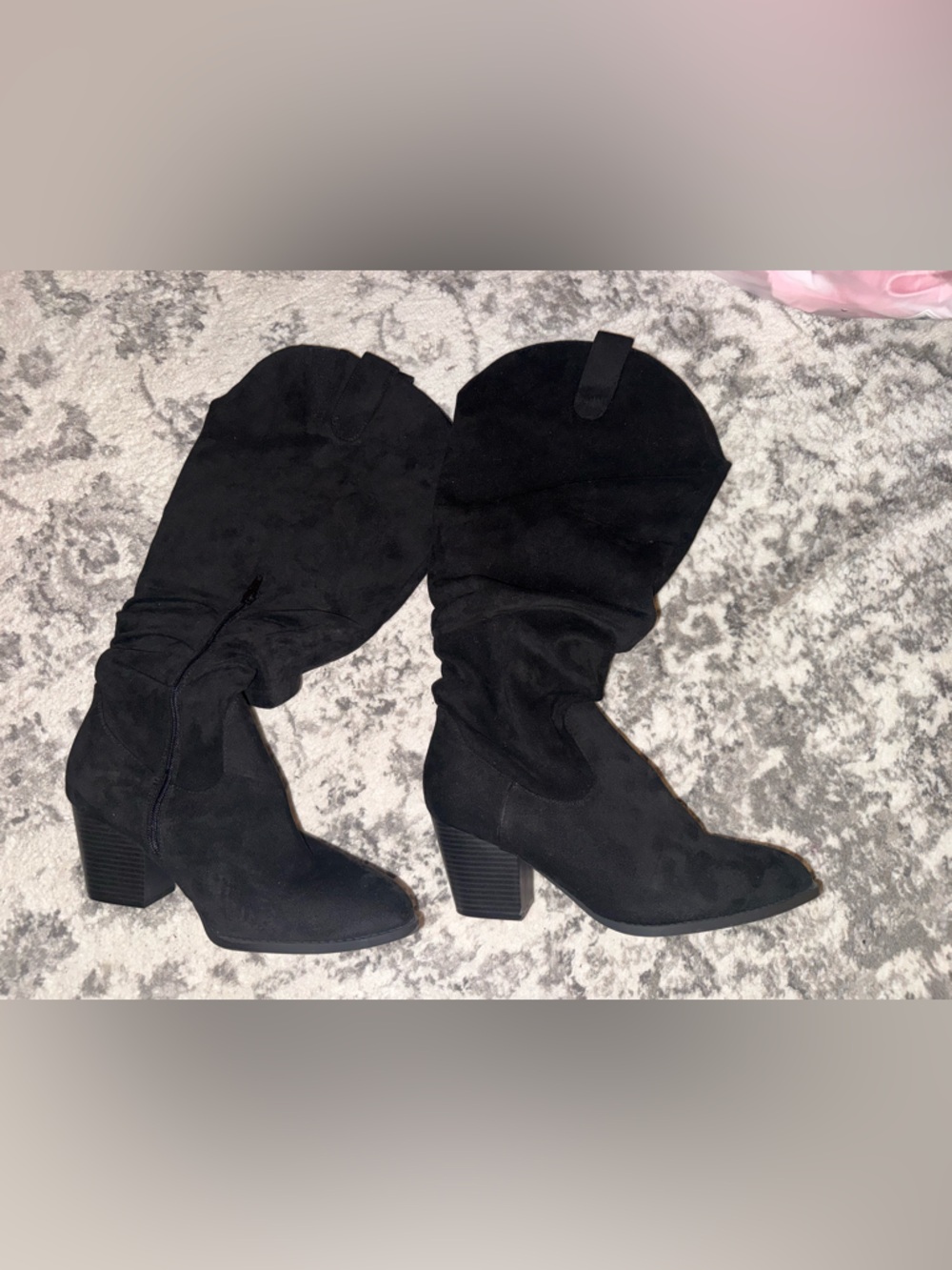 Black Suede-Look Slouchy Mid-Calf Heeled Boots - Women